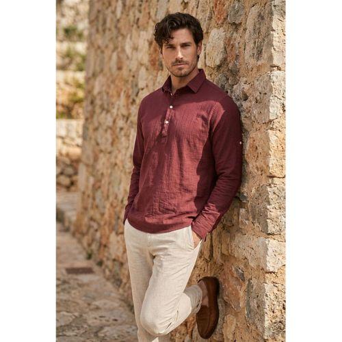 Yarım Pat Yakalı York Pamuk Kumaşlı Uzun Kollu Erkek Gömlek - Bordo