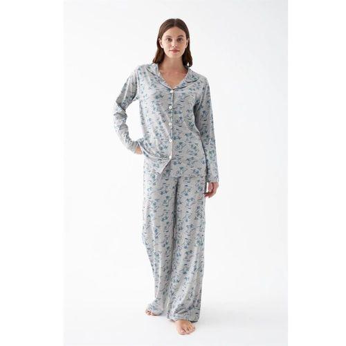 Kadın Gri Desenli Düğmeli Pamuklu Pijama Takımı
