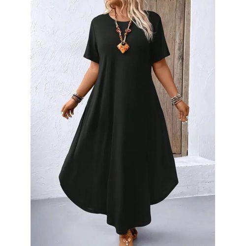 Kadın Kısa Kollu Bisiklet Yaka Cepli Salaş Viskon Elbise