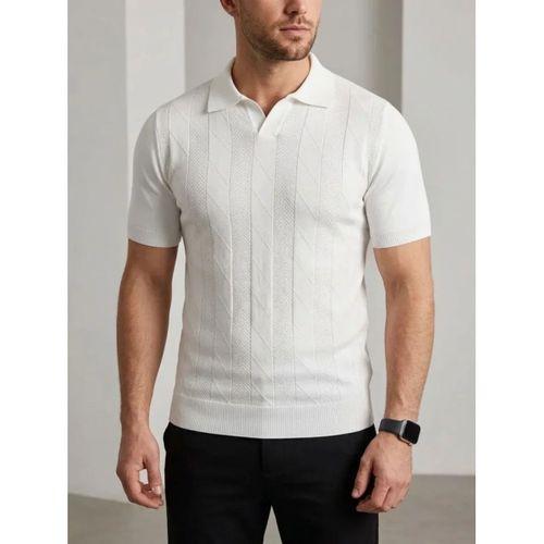 Erkek Yazlık Triko Dokuma Tişört Kısa Kol Polo Yaka T-Shirt - Beyaz