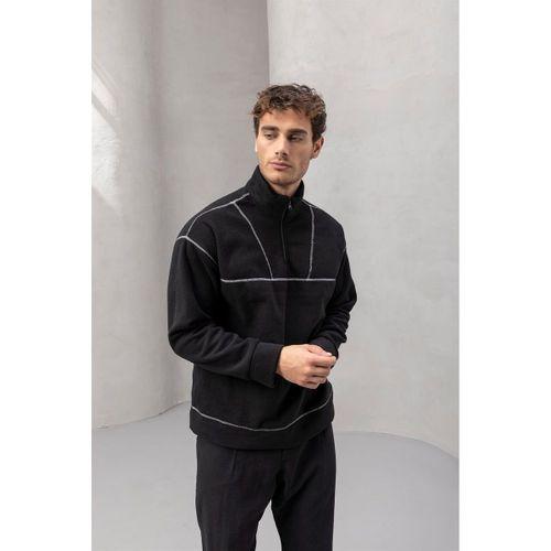 Crowe Şerit Detaylı Yarım Fermuar Polar Sweatshirt Siyah - Bezayağı Kumaş Pantolon Siyah