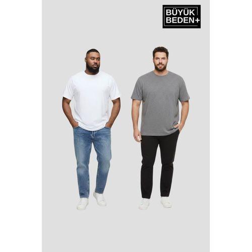 Büyük Beden Erkek Regular Kalıp Basic Bisiklet Yaka 2 li Tişört Seti 3XL-6XL SPR26BTS510+2
