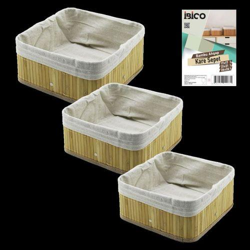 3'lü Kare Organizer Sepet Seti - Bambu Kenarlı Ahşap Taban Bez Astarlı (17x17 / 21x21 / 26x26 cm)