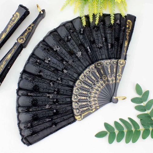 Plastik Pullu Kumaş Yelpaze 12'li Siyah