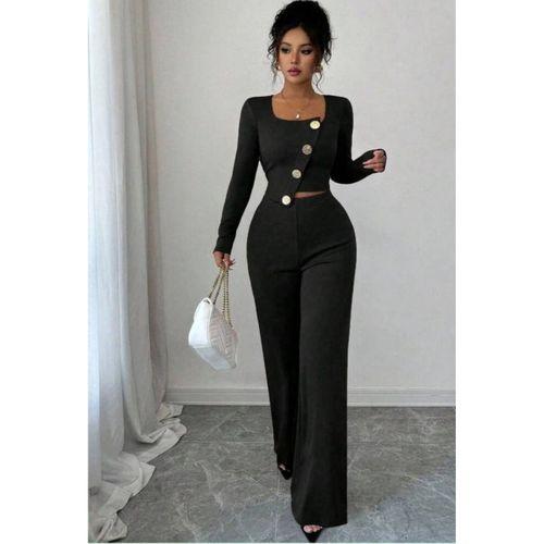 Kadın Uzun Kol Kare Yaka Asimetrik Düğme Detay Bluz Ve Yüksek Bel Pantolon Ikili Takım