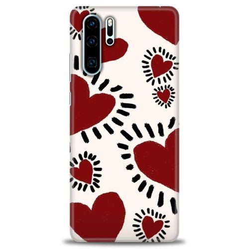 Huawei P30 Pro Kılıf HD Baskılı Kılıf - Çizgili Kalp + Tam Ekran Koruyucu