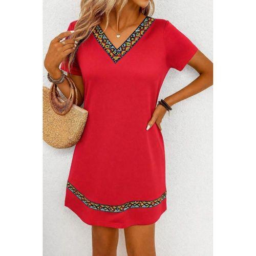 Kadın Kısa Kollu V Yakalı Etnik Desen şerit Detaylı Viskon Elbise