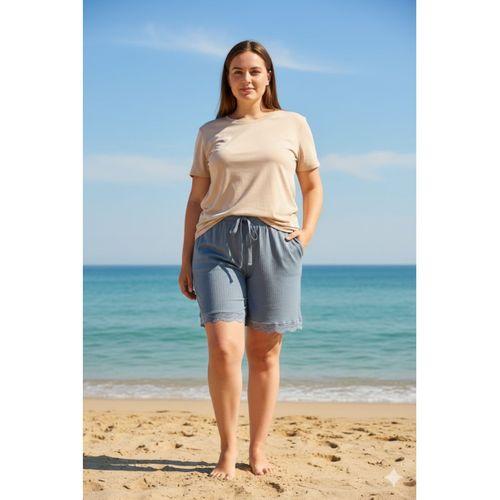 Bambu Fitilli Kadın Ev Şortu Bacak Dantel Detaylı Ev Giyim Gri