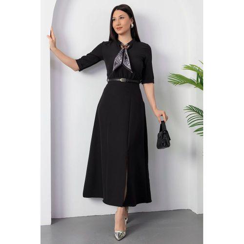 Kadın Kısa Kollu Fular Ve Kemer Detay önden Yırtmaçlı Maxi Boy Elbise