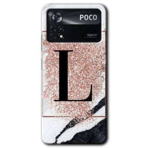 Potkal Hediye Fabrikası Poco x4 Pro Kılıf HD Desen Baskılı Arka Kapak - Pembe Mermer Desenli L Harfi