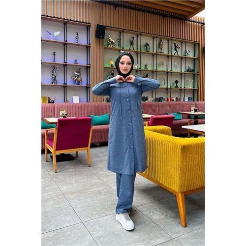 Kapşonlu Düğmeli Sade Basic Uzun Tunik ve Pantolon İkili Spor Takım - 03072.006 - İndigo