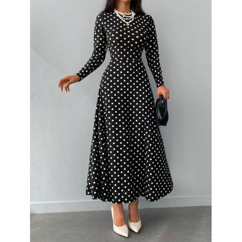 Kadın Siyah Tam Boy Beyaz Puantiyeli Elbise