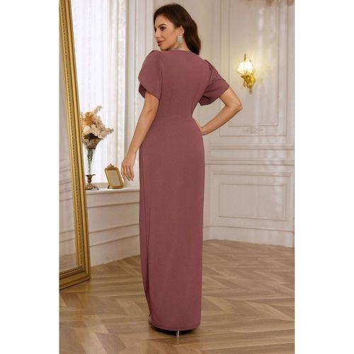 Kadın Kısa Kollu Kruvaze Yakalı Belden çiçek Aksesuarlı Yırtmaçlı Ithal Krep Elbise