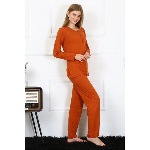 Kadın Penye Uzun Kol Patlı Pijama Takım Kiremit