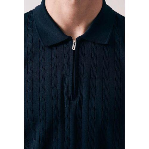 Burke Saç Örgü Yarım Fermuarlı Kısa Kollu İnce Triko Erkek T-Shirt - Lacivert