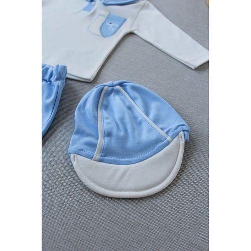 3-6 6-9 9-12 Ay Efendi Nakışlı Cep Şapkalı Uzun Kollu Sweat 3lü Erkek Bebek Takımı Mavi