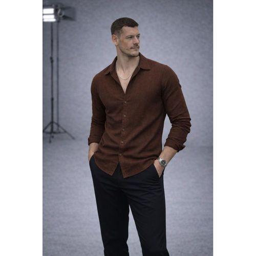 Apaş Yaka Oversize Müslin Kumaş Gömlek - Kahve