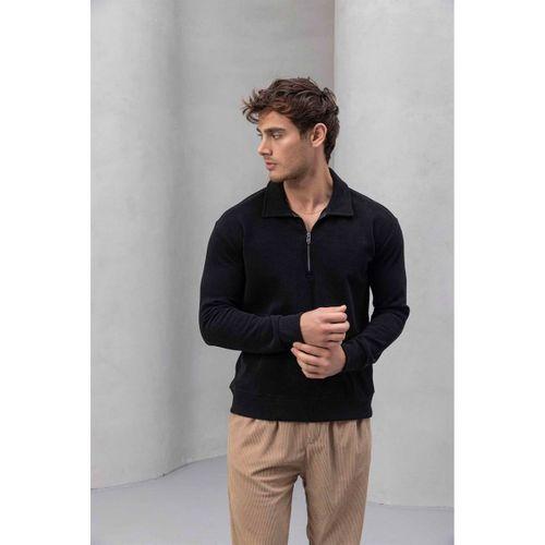 Eric Relax Fit Yarım Fermuarlı Polo Yaka Selanik Kumaş Erkek Sweatshirt - Siyah
