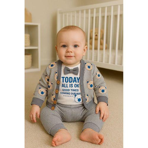 Papyonlu Bear Çizgili Model Ceketli 3'lü Erkek Bebek Takımı