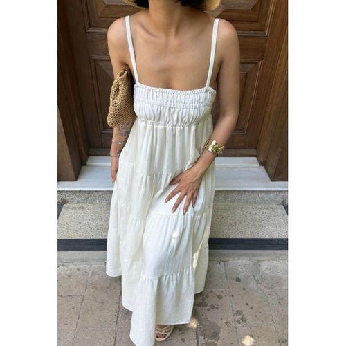 Ekru Askılı Parçalı Müslin Elbise