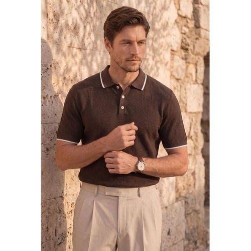 Balzac Yakası Şeritli Düğmeli Polo Yaka Basic Günlük Petek Örgü Triko Erkek T-Shirt - Kahve