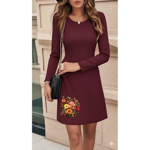 Kadın Uzun Kollu Bisiklet Yaka çiçek Desenli Mini Dalgıç Elbise