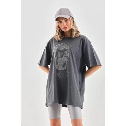 Pilelistore Unisex Taş Desenli Oversize T-Shirt - Füme
