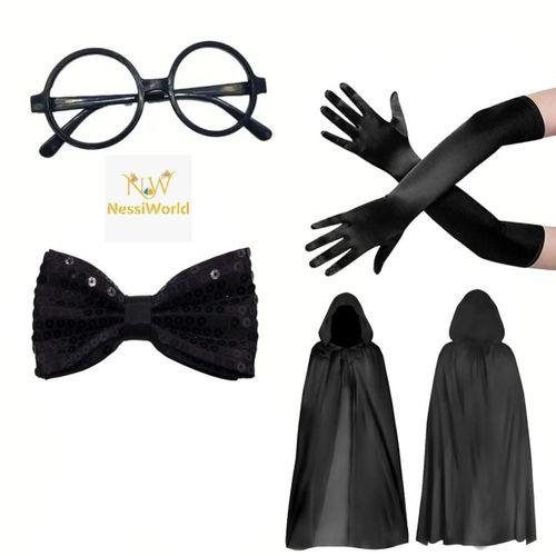 Siyah Kapüşonlu Büyücü ve Cadı Pelerin Kostüm Seti (4 Parça)