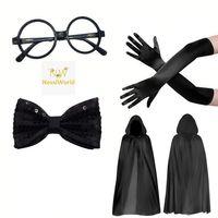 Siyah Kapüşonlu Büyücü ve Cadı Pelerin Kostüm Seti (4 Parça)