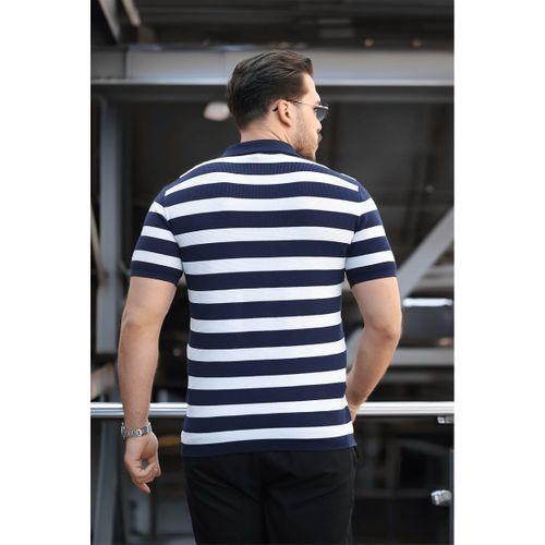 Premium Yan Çizgili Viskon Polo Yaka Triko Erkek T-Shirt - Lacivert