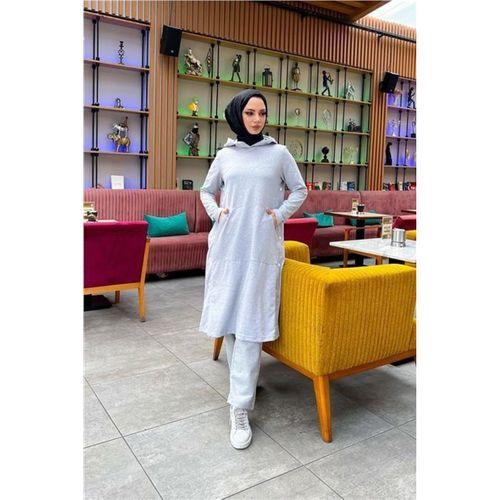 Kapşonlu Yandat Çıtçıtlı Sade Basic Uzun Tunik ve Pantolon İkili Spor Takım - 03071.008 - Gri