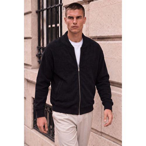 Ravello %100 Şönil Relaxed Fit Kolej Yaka Fermuarlı Lamineli Ceket - Siyah