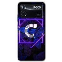 MRCİLETİSİM Poco x4 Pro Kılıf HD Desen Baskılı Arka Kapak + Temperli Cam - Dark Neon Yaprak C Harfi