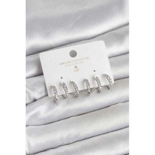 Gümüş Renk Pirinç Zirkon Taşlı Kadın Küpe