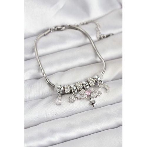 Pirinç Gümüş Renk Kanatlı Charmlı Kadın Bileklik