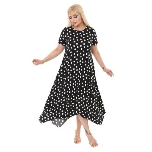 Melsay Butik Beyaz Puantiye Desen Asimetrik Kısa Kollu Elbise