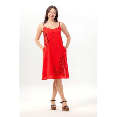Askılı Yazgı Şile Bezi Yazlık Kısa Nakışlı Elbise Kırmızı Krmz