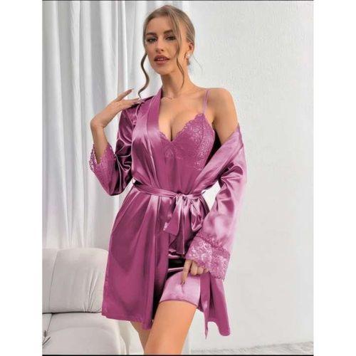 Dantel İşlemeli İnce Askılı Lila 2'li Saten Gecelik Sabahlık Takımı