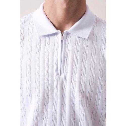 Burke Saç Örgü Yarım Fermuarlı Kısa Kollu İnce Triko Erkek T-Shirt - Ekru