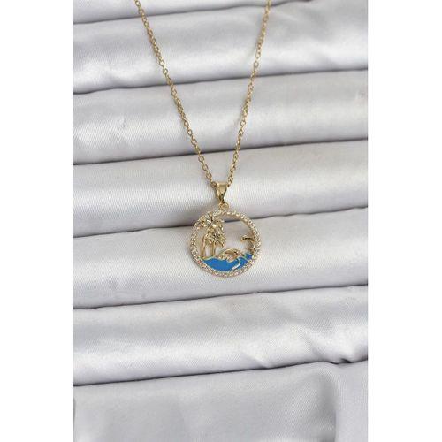 316L Çelik Zincir Gold Renk Zirkon Taşlı Deniz Temalı Kadın Kolye