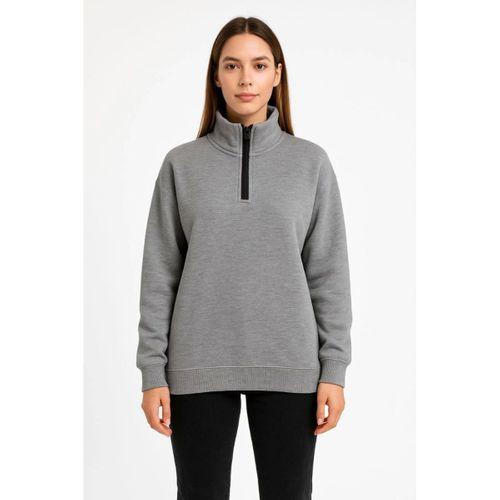 Üç İplik Dık Yaka Yarım Fermuarlı SweatShirt - Gri