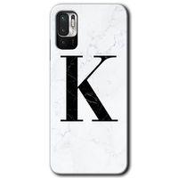 Poco M3 Pro Kılıf HD Desen Baskılı Arka Kapak + Temperli Cam - Beyaz Mermer Desenli K Harfi