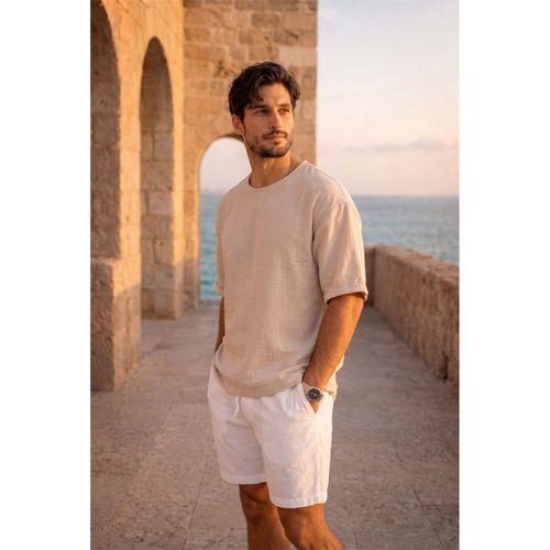 Godard Relax Fit %100 Pamuk Müslin Kumaş Duble Kol Bisiklet Yaka Erkek T-Shirt - Orta Bej