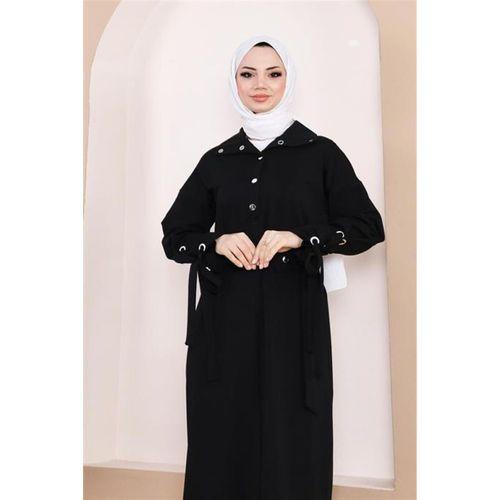 Belden Bağlamalı Çıtçıtlı Kol Şerit Detaylı Uzun Elbise - 71183 - Siyah