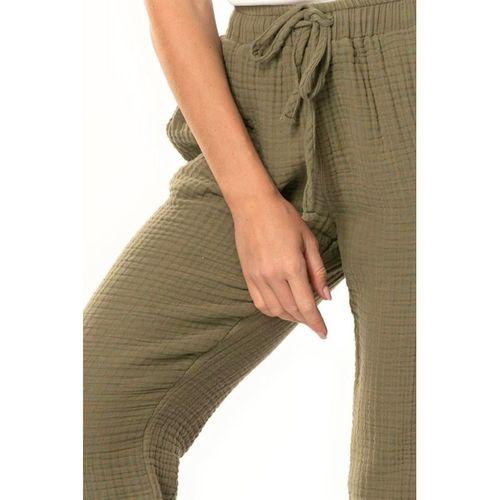 Beli Lastikli Multi Çift Cepli Müslin Kadın/Erkek Unisex Yazlık Pantolon Haki Hk