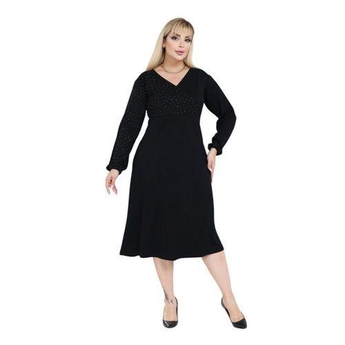 Melsay Butik Siyah Modal Taş Baskılı Kruvaze Yaka Elbise