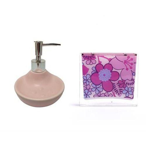 Sıvı Sabunluk,Diş Fırçalık 2 Li Banyo Seti,Pembe Çiçekli