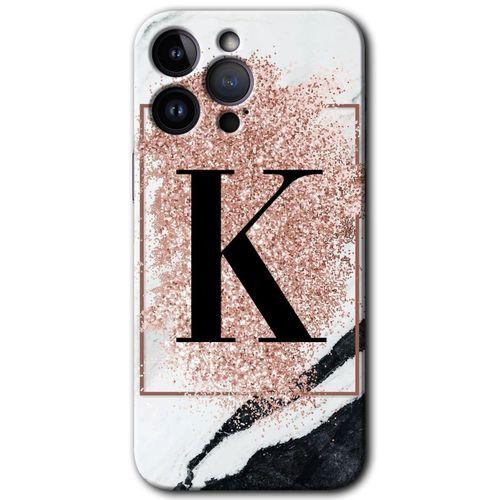 iPhone 14 Pro Kılıf HD Desen Baskılı Arka Kapak - Temperli Cam - Pembe Mermer Desenli K Harfi