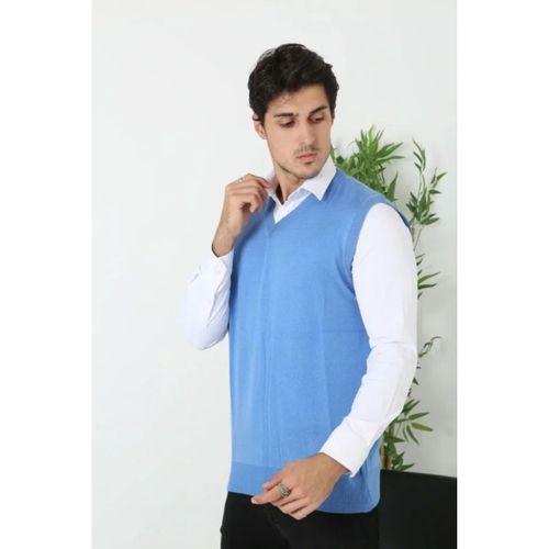 Erkek V Yaka Kolsuz Süveter Triko Kazak Yumuşak Dokulu Pamuklu Ince Dokuma Rahat Regular Kalıp - Mavi