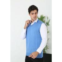 Erkek V Yaka Kolsuz Süveter Triko Kazak Yumuşak Dokulu Pamuklu Ince Dokuma Rahat Regular Kalıp - Mavi